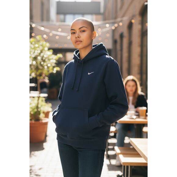 Mens Unisex Nike Embroidered Hoodie Sz M Navy Blue Hood Sweatshirt Pullover Gym - Picture 2 of 11